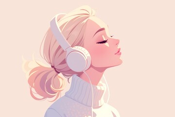 A young girl with blonde hair in pigtails wears headphones and is listening to music