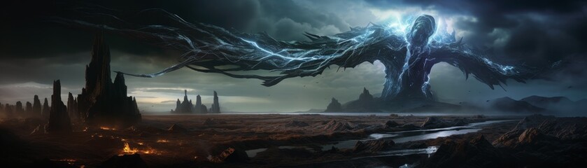 A large, glowing creature is flying over a desolate landscape