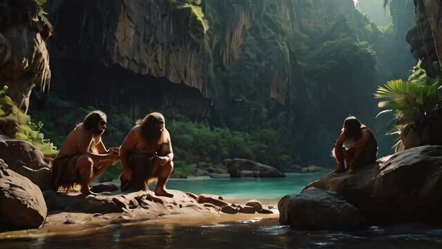 Early Humans by Crystal Blue Water in a Sunlit Cave