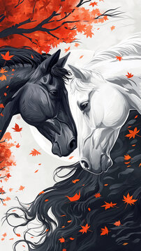 Horse couple Black and white with Autumn branch red meple , Digital art concept