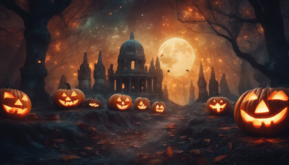 Halloween - Pumpkins In Spooky Forest With Tombs