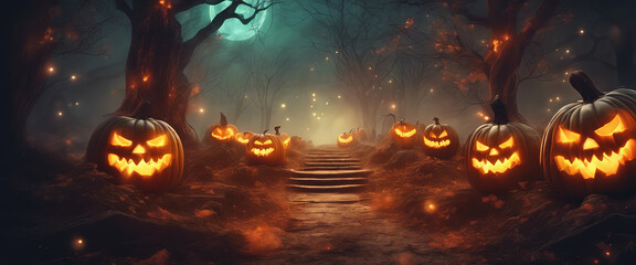 Halloween - Pumpkins In Spooky Forest With Tombs