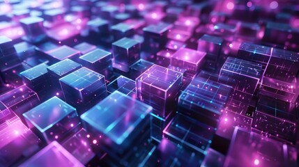 Fototapeta premium A glowing neon purple and blue cubes background.