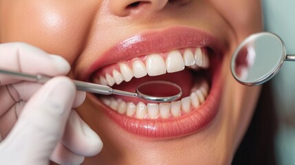 Fototapeta premium A dentist is cleaning a patient's teeth. The patient is smiling and has her mouth open wide.