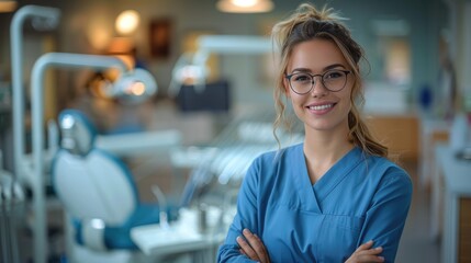 young and attractive female dentist wearing a blue uniform and glasses. 