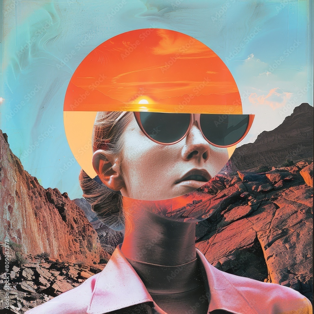 Poster A woman with sunglasses on her face is surrounded by mountains and a large sun