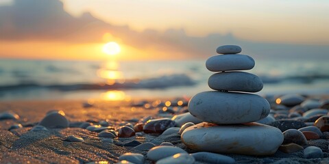 Mindful Moments Inspiring Stacked Stones at Sunset on the Beach for Relaxation and Self Reflection