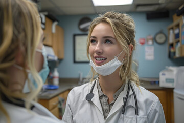 Young Blonde Doctor Wearing a Face Mask Talking to Colleague at the Hospital