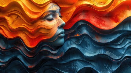 A depiction of a woman's face with a colorful wave wall background