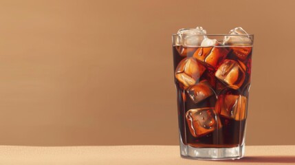 Glass of iced cola on a beige background