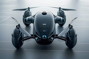On a green lawn, a drone with four propeller motors and a black body, made