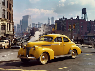 Retro yellow car outdoors in retro urban scene