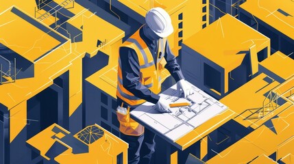 Illustrate a scene where a quantity surveyor is examining a project with a smile a type of tool in hand