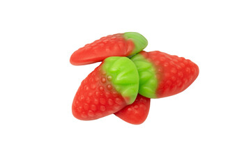 Jelly strawberry candies isolated on a white background. Top view. Delicious gelatin candies.