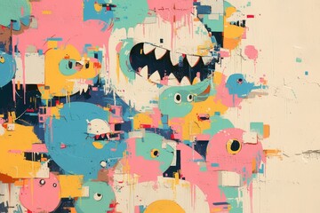 A vibrant street art mural filled with cartoon characters, graffiti-style lettering and abstract shapes in bright colors