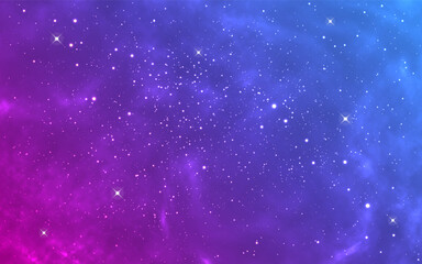 Nebula background. Color glowing cosmos. Purple and blue galaxy with bright stars. Beautiful cosmic gradient with stardust. Magic colorful universe. Vector illustration.