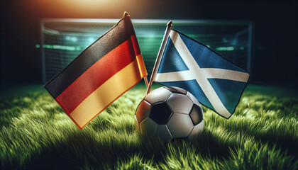 Länderflaggen von Deutschland und Schottland mit einem Fußball in der Mitte, Fußball EM 2024, Europameisterschaft