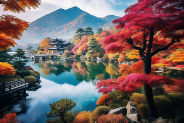 Experience the beauty of summer in Japan with a picturesque scene of a mountain lake surrounded by colorful trees
