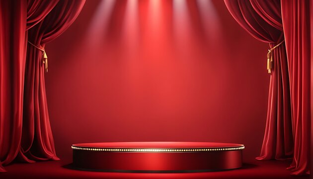  Stage podium background red light spotlight curtain theater show platform. Stage 3D background podium award cinema winner movie carpet pedestal fabric concert abstract studio dark vip empty silk club
