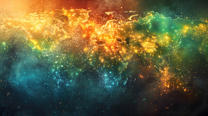 Naklejka premium Artistic representation of global connectivity through a glowing, colorful world map, symbolizing worldwide communication and data flow
