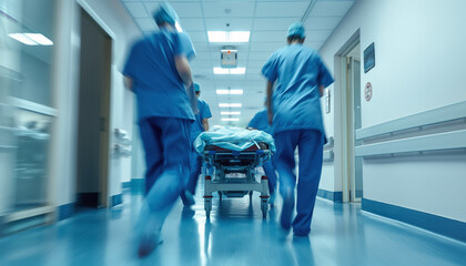 Doctors and medical staff transporting patient on stretchers in hospital. Photo from behind with motion blur to emphasise action and urgency. Generative AI