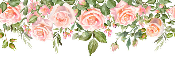 Rose flower repeating border. Watercolor floral illustration on transparent background