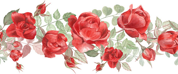 Red Roses Floral Garland in watercolor illustration
