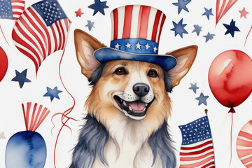 Watercolor composition collage of puppy with an American flag celebrates 4th of July Independence Day. - Powered by Adobe