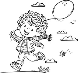 Cartoon little child with balloons walking outdoors. Black and white kids activities vector illustration