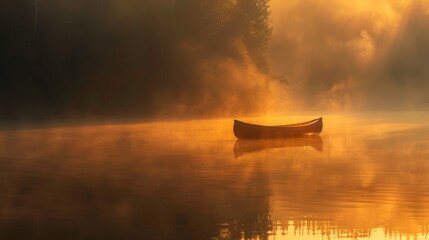 A peaceful lake at sunrise is depicted in this long exposure photograph, showcasing the glassy, mirrored surface reflecting the surrounding forest. A lone canoe drifts lazily through the mist, as the