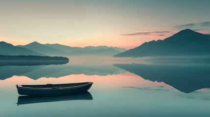 A tranquil lake at twilight, with a mirrored surface reflecting the silhouettes of distant mountains. A lone rowboat drifts across the still water, creating a surreal blend of warm and cool tones.