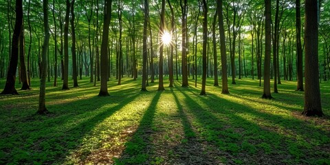 Sunlight filtering through dense forest trees
