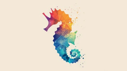 A captivating minimalist artwork showcasing a seahorse in a stunning rainbow gradient design. The geometric pattern and bold colors create a simple yet striking representation of this fascinating