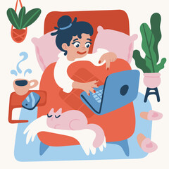 A girl is chilling with a laptop and a cat in bed. Good-enough and relaxed remote workflow concept. Simple vector illustration in trendy colorful style.