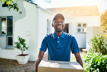 Portrait, outdoor and black man with box, courier and sunshine with parcel, logistics and shipping....