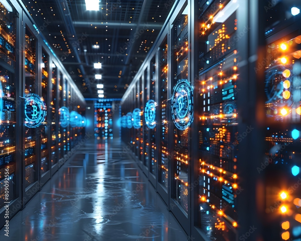 Poster high tech server room in cryptocurrency mining data center with racks of computers and futuristic li