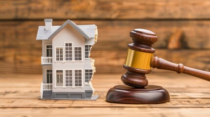 Divided house and wooden gavel. Concepts of law, insurance and residential damage