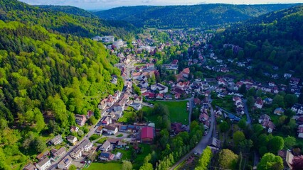Aerial view of the old town of the city Bad Herrenalb on a sunny spring day in Germany.