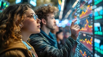 Fototapeta premium Young adults studying financial investments at an interactive market educational workshop with data analysis on digital screens