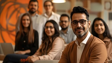 Fototapeta premium Confident executive posing in front of camera with colleagues in modern office. Concept Corporate Photoshoot, Professional Poses, Team Collaboration, Business Attire, Office Setting