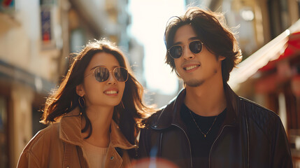 A man and woman pose together on a Europe street. They both wear aviator sunglasses, leather...