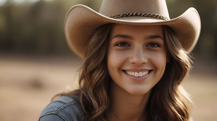 Smiling young woman wearing a cowgirl hat looking at the camera

