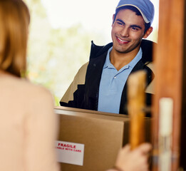 Man, courier and package for delivery by home of online shopping, ecommerce and equipment for house...