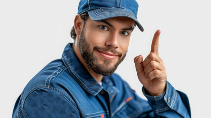 Smiling man in denim making peace sign with blue cap
