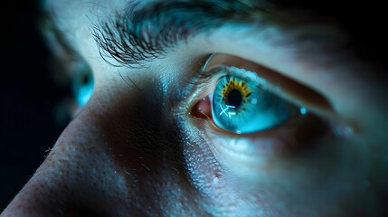 An extreme close-up of a human eye, illuminated by futuristic blue lighting, revealing intricate...