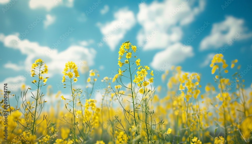 Poster Vibrant yellow rapeseed flowers stretching towards the blue sky, depicting agriculture and spring season