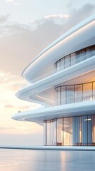 Curvilinear white building with a smooth facade against a sunset sky, representing modern architecture