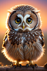 Obraz premium Little cute owl on a tree in sunset light