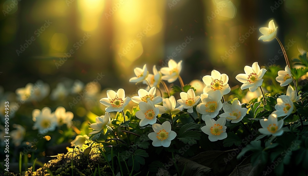 Canvas Prints White wildflowers illuminated by sunlight filtering through the forest in a magical natural setting