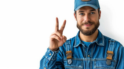 Naklejka premium Smiling man in denim making peace sign with blue cap